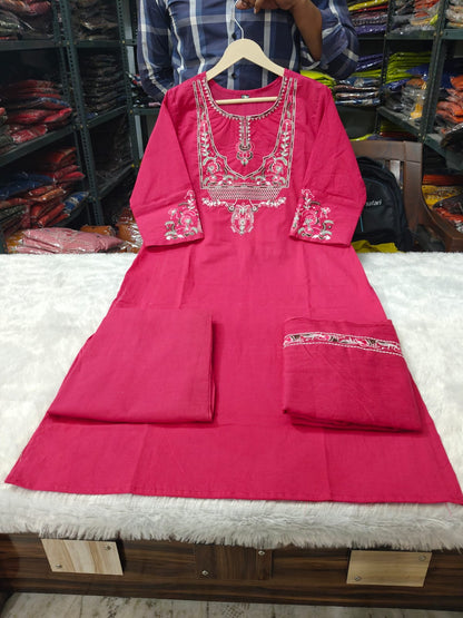 Pink Embroidered Cotton Kurta Pant Dupatta Set
