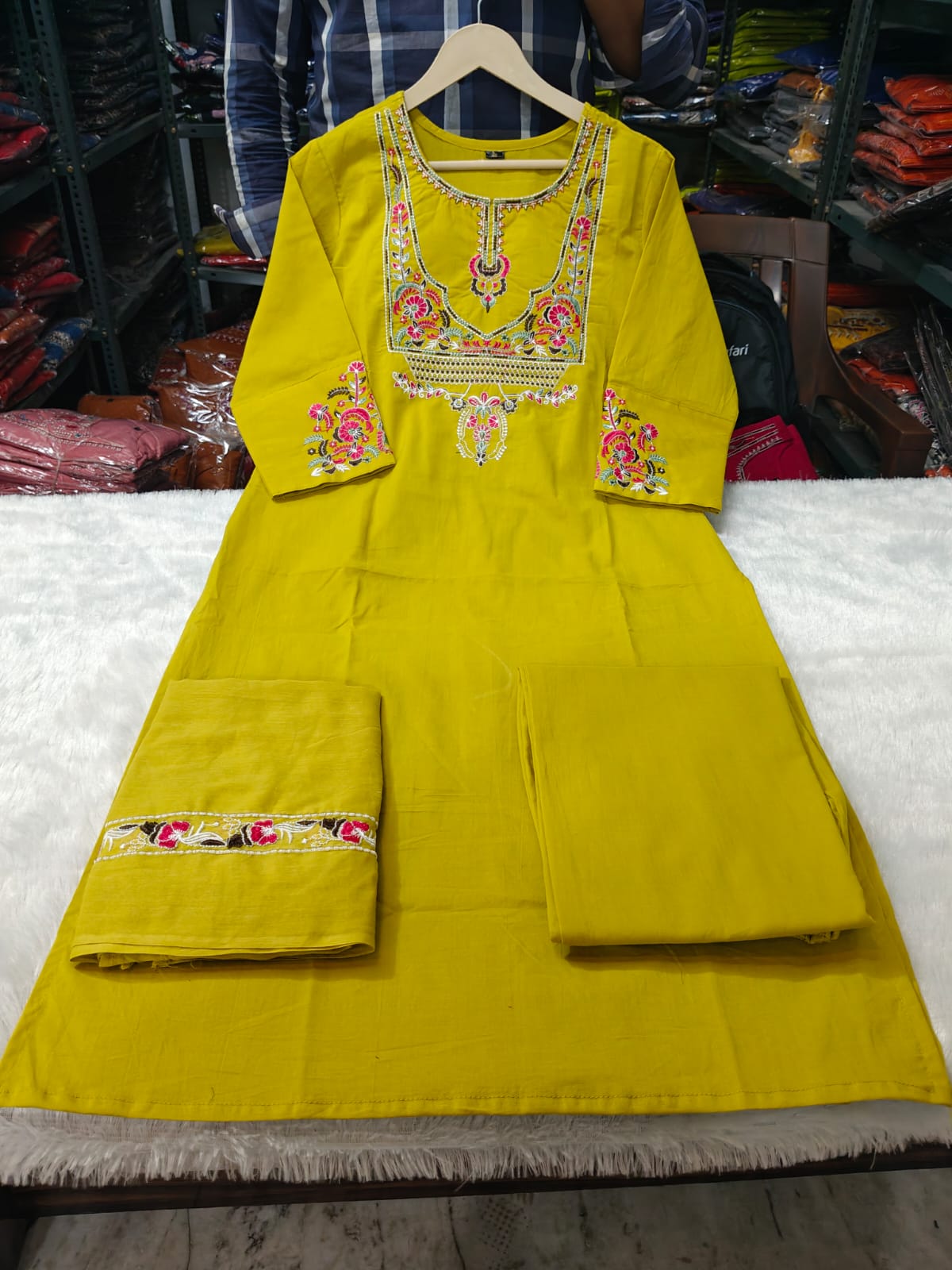 Mustard Yellow Embroidered Cotton Kurta Pant Dupatta Set