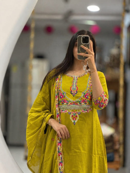 Mustard Yellow Embroidered Cotton Kurta Pant Dupatta Set
