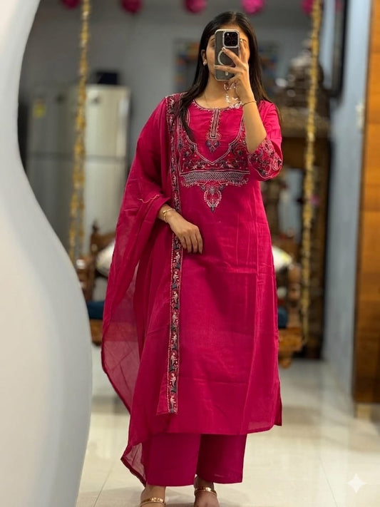 Pink Embroidered Cotton Kurta Pant Dupatta Set