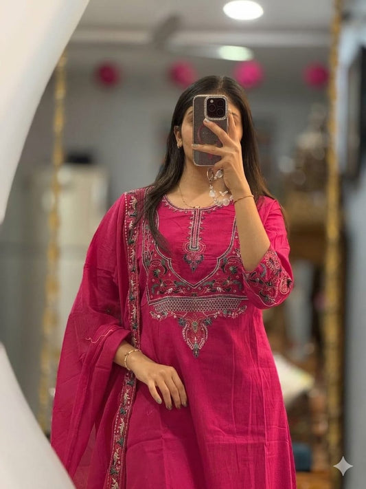 Pink Embroidered Cotton Kurta Pant Dupatta Set