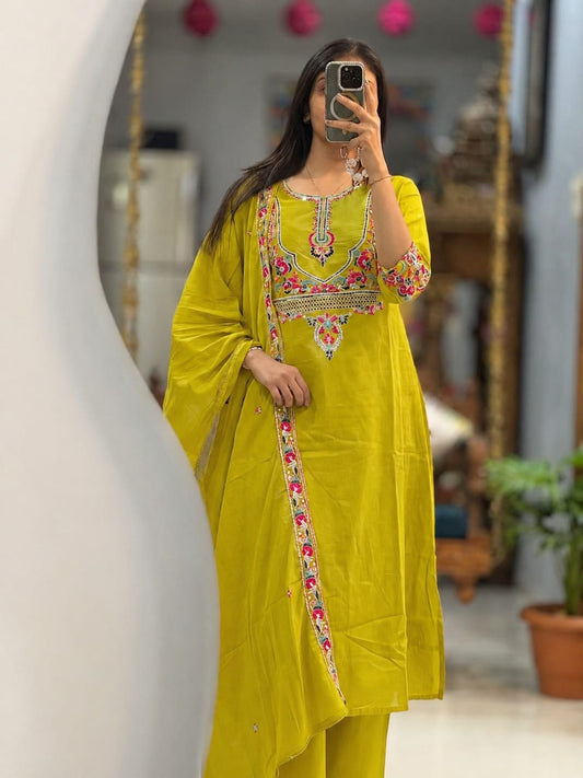 Mustard Yellow Embroidered Cotton Kurta Pant Dupatta Set
