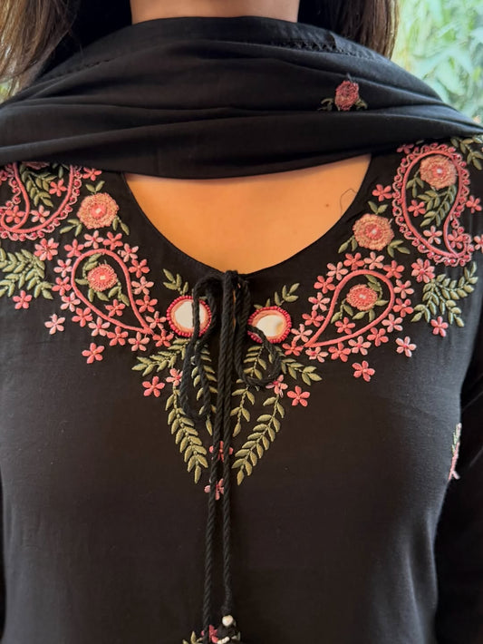 Women’s Black Embroidered Kurta Pant Set with Dupatta