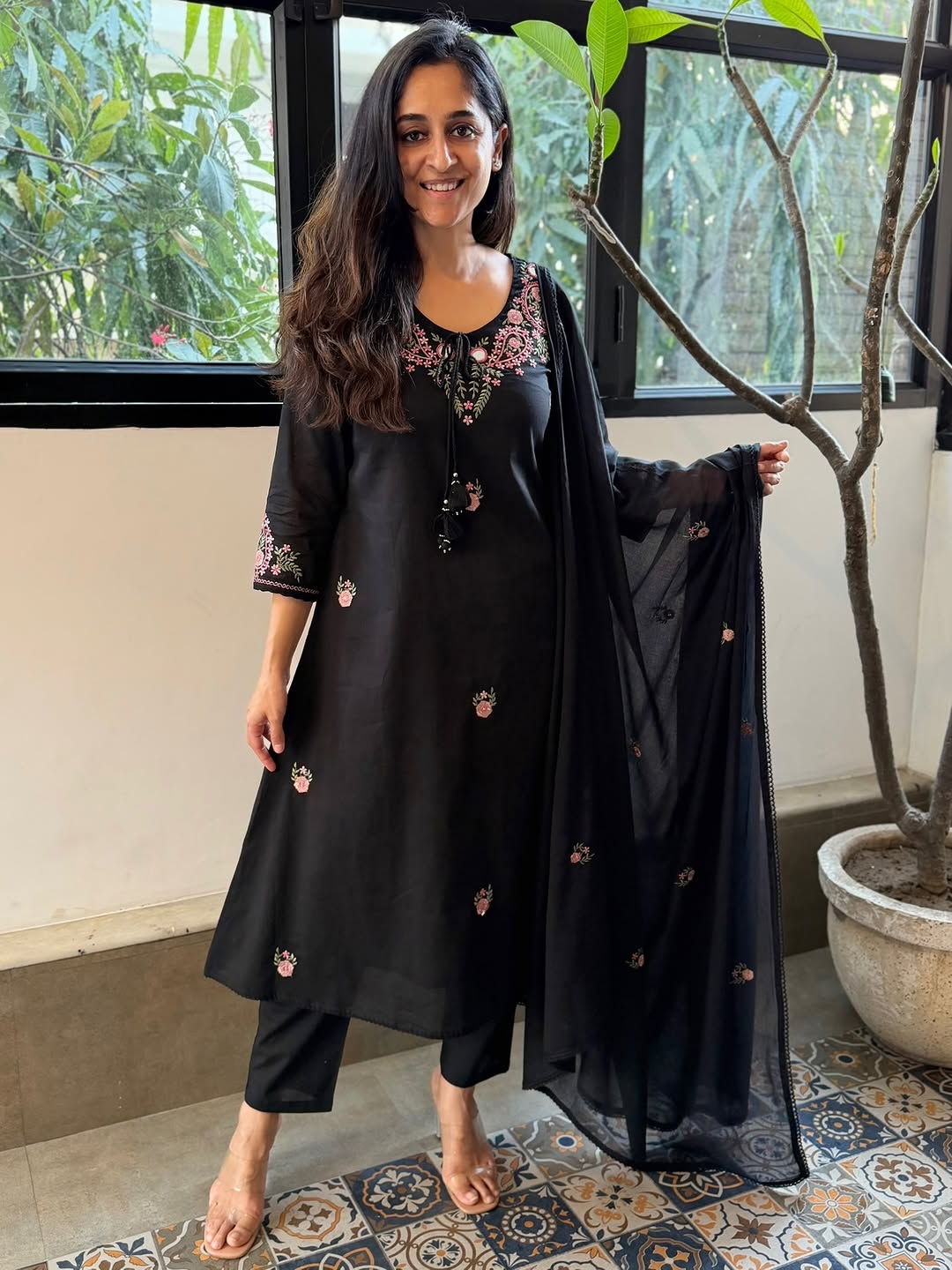 Women’s Black Embroidered Kurta Pant Set with Dupatta