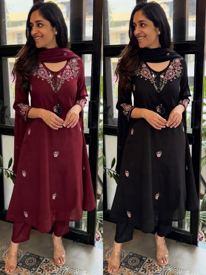 Women’s Maroon Embroidered Kurta Pant Set with Dupatta