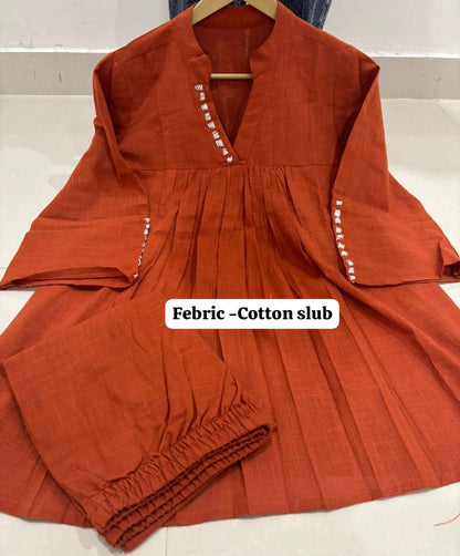 Women’s Rust Red Cotton Slub Co-ord Set