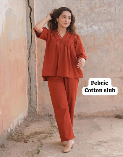 Women’s Rust Red Cotton Slub Co-ord Set