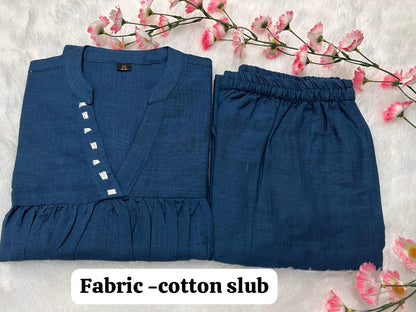 Women’s Blue Cotton Slub Co-ord Set