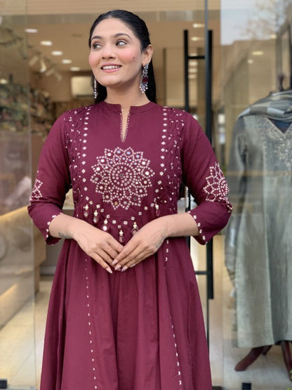 Women’s Maroon Embroidered Kurta Pant Set with Dupatta