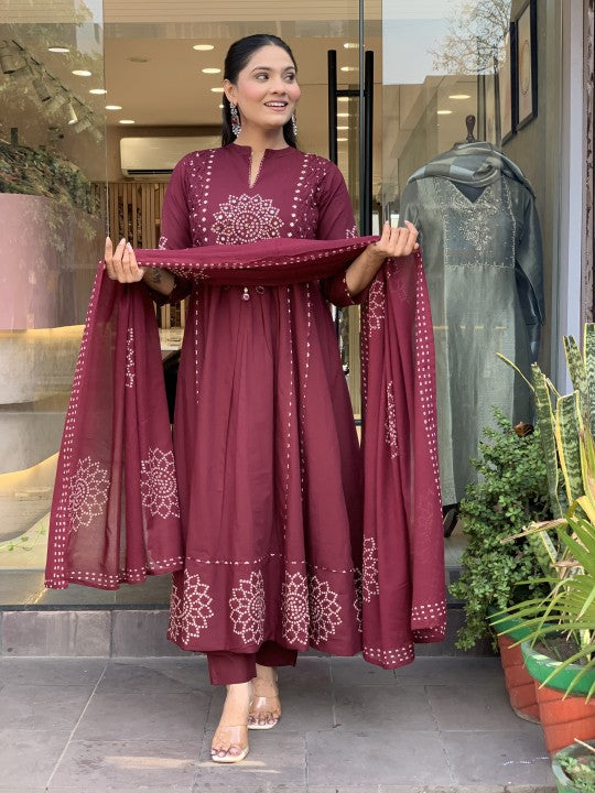 Women’s Maroon Embroidered Kurta Pant Set with Dupatta