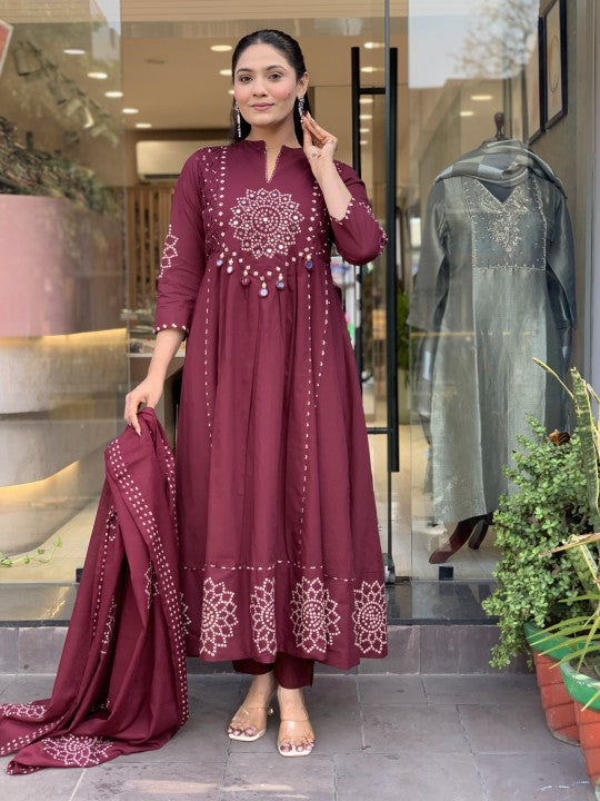 Women’s Maroon Embroidered Kurta Pant Set with Dupatta