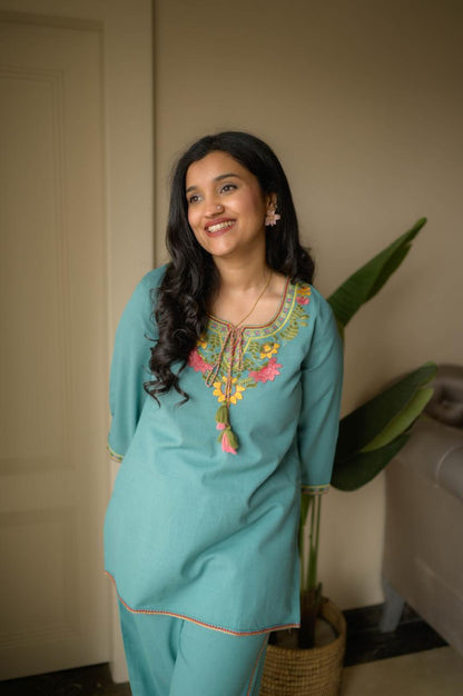 Teal Blue Embroidery Cotton Co Ord Set