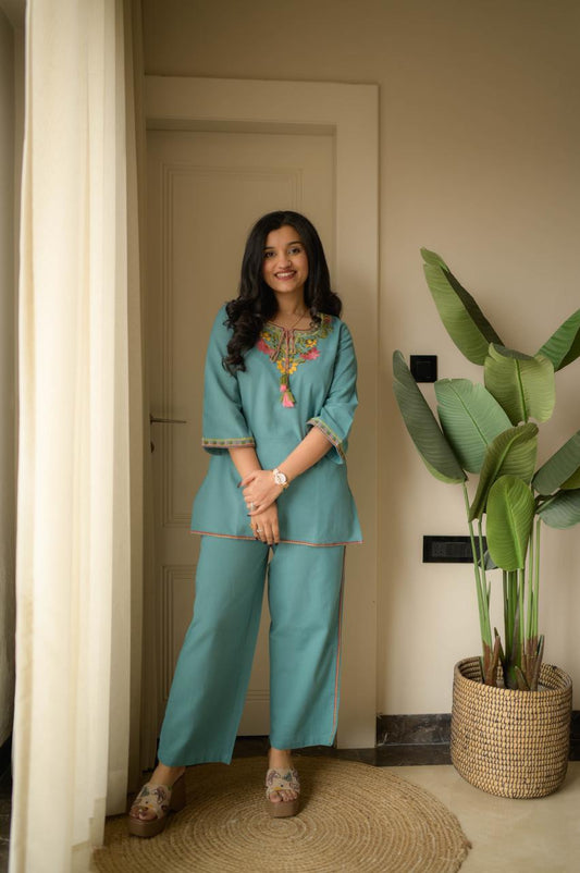 Teal Blue Embroidery Cotton Co Ord Set