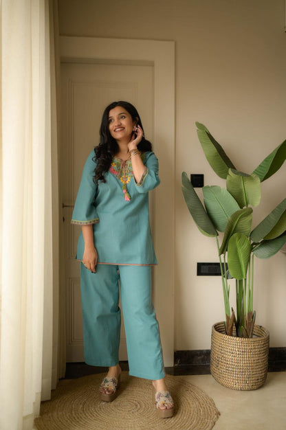 Teal Blue Embroidery Cotton Co Ord Set