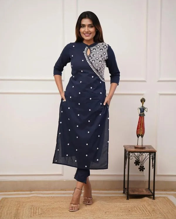 Dark Blue Embroidered Cotton Straight Kurta Set