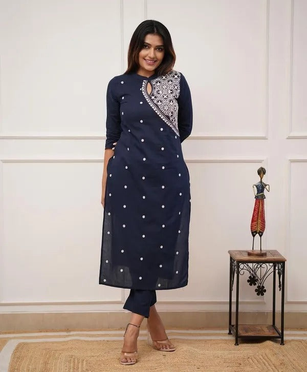 Dark Blue Embroidered Cotton Straight Kurta Set