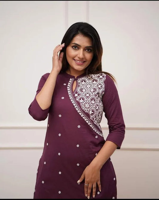 Maroon Embroidered Cotton Straight Kurta Set