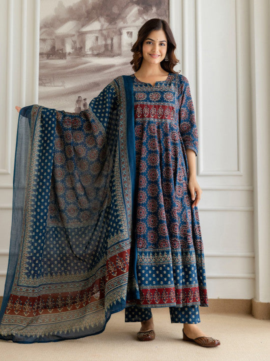 Blue Floral Printed Sequinned Pure Cotton A-Line Kurta With Palazzos & Dupatta