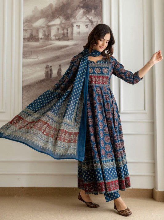 Blue Floral Printed Sequinned Pure Cotton A-Line Kurta With Palazzos & Dupatta