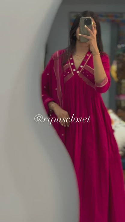 Red Mul Cotton Designer Embroidered Anarkali 3 Piece Set