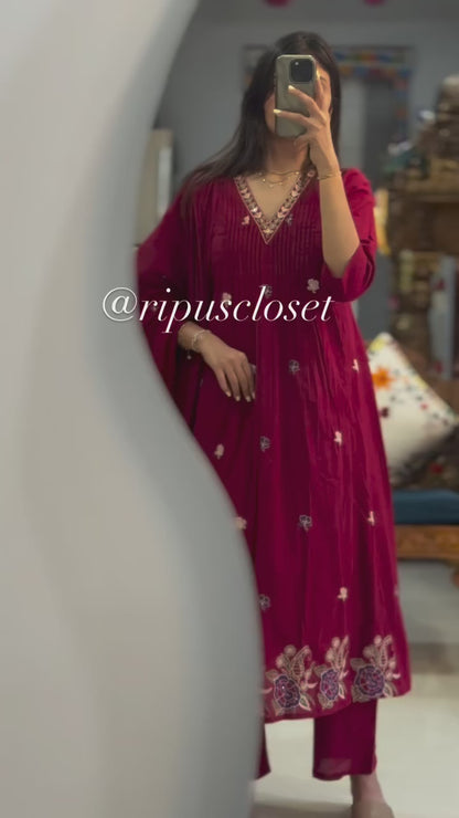 Blue V-Neck Embroidered 3-Piece Kurta Set