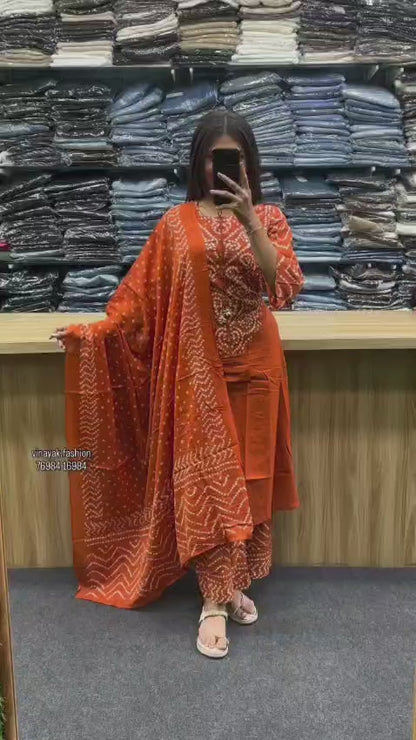 Women’s Bandhani Print Cotton Kurti Palazzo & Dupatta Set – Purple