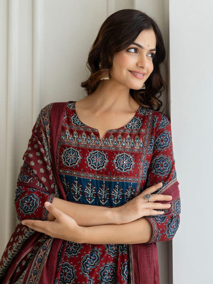 Maroon Printed Round Neck Tiered Pure Cotton Anarkali Kurta With Trousers & Dupatta